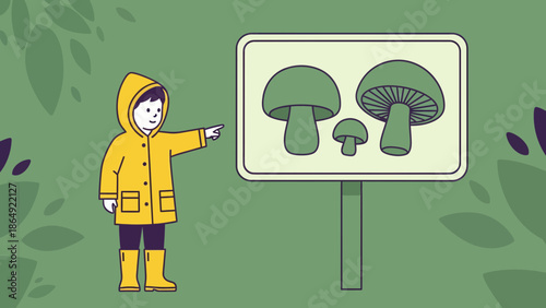 Young Explorer Discovering Different Varieties Of Edible Mushrooms Illustrated Nature