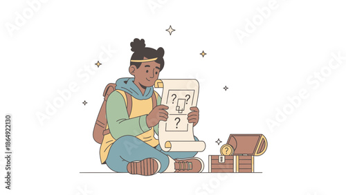 Young Explorer Deciphering Ancient Scroll Map Near A Treasure Chest Find