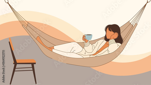 Young Woman Enjoying Coffee In Hammock At Cozy Home Illustration