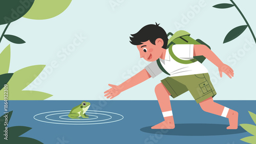 Young Explorer Reaching For A Frog By The Pond In A Natural Setting