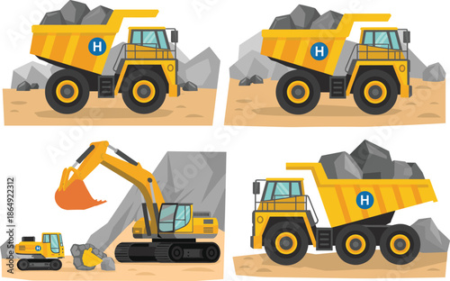 Heavy mining machinery illustration set, dump trucks and excavator, construction vehicles, quarry equipment, industrial transport, flat vector design