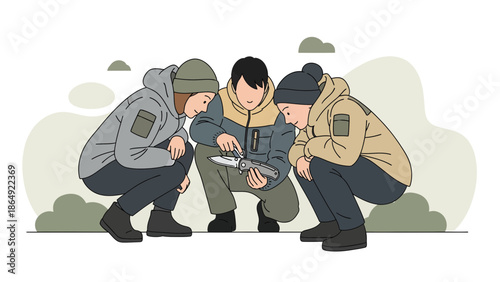 Young Explorers Inspecting Pocket Knife During Outdoor Adventure Together Illustration