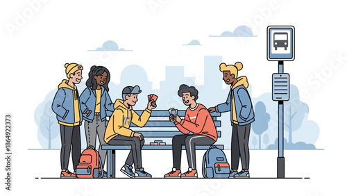 Young Friends Enjoying A Card Game At The Bus Stop Illustration