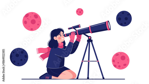 Young Woman Observing Celestial Bodies Through Telescope Illustration