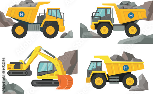 Heavy mining machinery illustration set, dump trucks and excavator, construction vehicles, quarry equipment, industrial transport, flat vector design