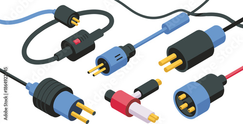 Isometric 3D electrical cable and connector set with plugs adapters and power cords, technology and energy illustration