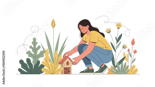 Young Woman Setting Up a Bug Hotel in Her Garden Surrounded by Flowers