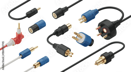 Isometric 3D electrical cable and connector set with plugs adapters and power cords, technology and energy illustration