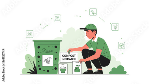 Young Man Composting With Indicator Signs To Help Recycle Waste Better