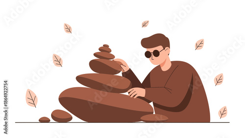 Zen Balance Man Arranging Stones For Meditation And Mindful Relaxation