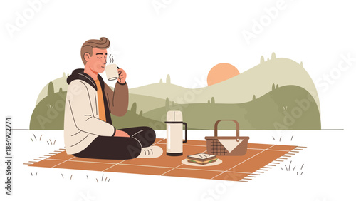 Young Man Enjoying Peaceful Moment With Hot Drink In Nature Setting