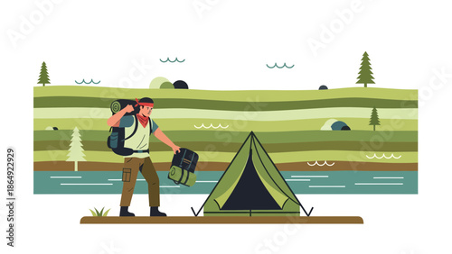 Young Man Hiking And Camping Near The River In A Peaceful Nature