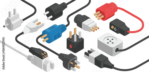 Isometric 3D illustration of electrical plugs adapters and connectors, power supply components set for technology and energy concepts