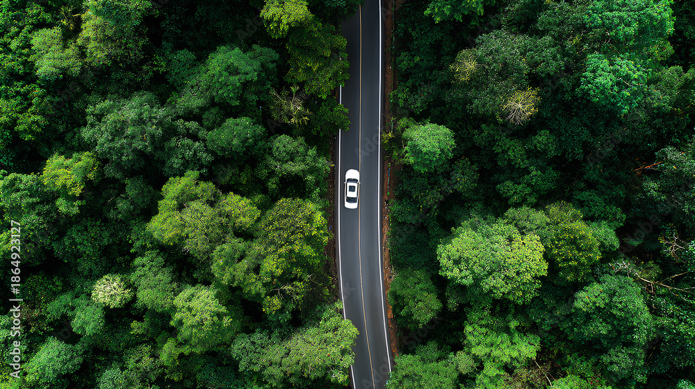 Fototapeta premium Aerial top view road in forest with car to start the new year 2026 Goal plan action, Business target and growth strategy. Business annual plan and development for achieving goals and success.