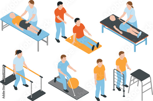 Isometric physical therapy rehabilitation set with patient exercises, physiotherapist assistance, medical recovery treatment illustrations isolated