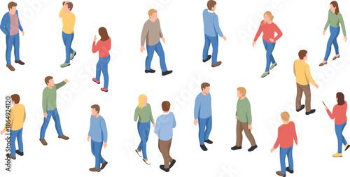 Isometric people walking set with men and women characters, everyday crowd movement poses for urban lifestyle illustration