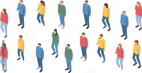 Isometric people walking set with men and women characters, everyday crowd movement poses for urban lifestyle illustration
