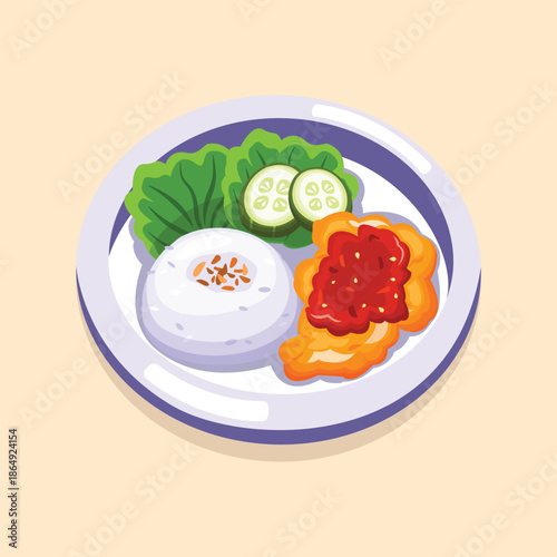 A flat illustration of a rice meal served with vegetables and side dishes, suitable for food menus and culinary promotions.