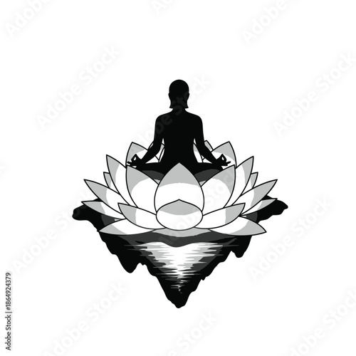 Yoga meditation silhouette on lotus flower over water vector