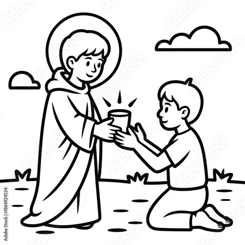 Child receiving blessing from monk isolated on white background, Vector, illustration