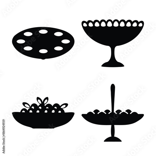 Decorative serving ware silhouettes featuring various dishes and a tiered stand for home and events