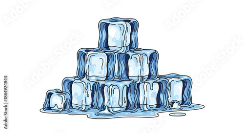 Stack of translucent blue ice cubes melting slightly and forming a small puddle at the base in a clean and cool illustration.