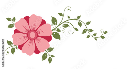 beautiful pink flower is accompanied by a graceful swirling green vine with many leaves in a decorative botanical vector illustration.