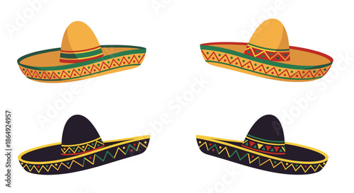set of four mexican sombreros in yellow and black colors with colorful patterned brims is presented in a festive vector illustration.