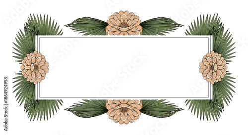 elegant rectangular frame design is decorated with peach colored dahlia flowers and green palm leaves in a tropical botanical illustration.