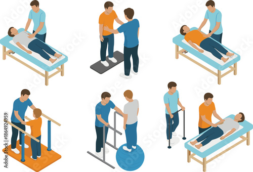 Isometric physical therapy rehabilitation set with patient exercises, physiotherapist assistance, medical recovery treatment illustrations isolated