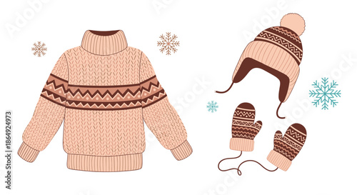 Winter apparel set including a pink knitted sweater with geometric patterns, matching hat, and mittens with snowflakes.