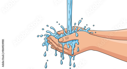 Human hands cupped together catching a stream of pouring water with splashes in a colorful hand-drawn illustration.