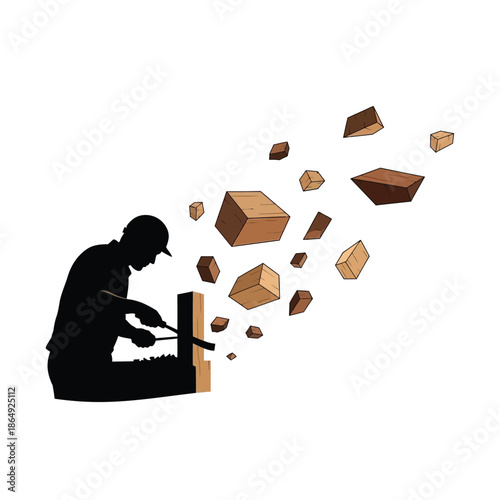 Carpenter carving wood block with flying chips silhouette vector