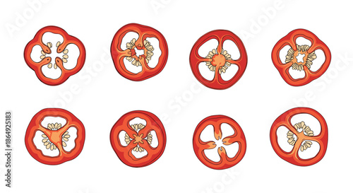 Collection of eight red bell pepper cross-sections showing the inner core and seeds in a vibrant food illustration.