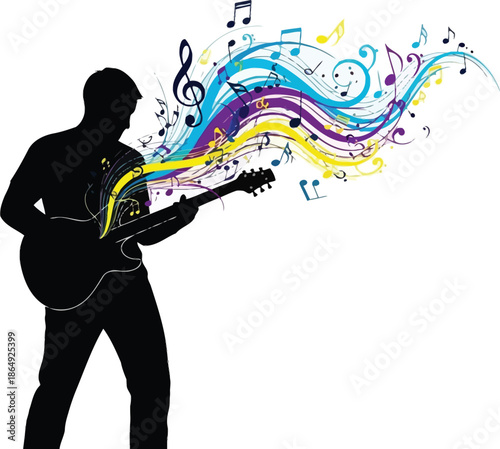 Guitarist silhouette playing electric guitar with musical notes vector