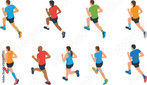 Isometric runners set with male and female athletes running in sportswear isolated on white background illustration