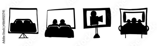 Drive-in movie screens showing cars, couples, and film cameras