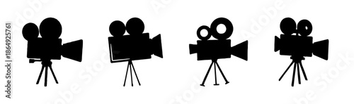 Collection of four black and white vector icons of film cameras