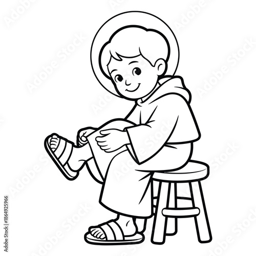 Young boy mending sandals isolated on white background, Vector, illustration