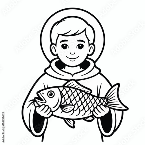 Young boy holding fish isolated on white background, Vector, illustration