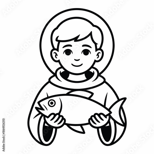 Young boy holding fish isolated on white background, Vector, illustration