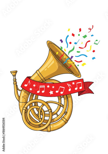 Colorful tuba with ribbon and burst of confetti for celebration.