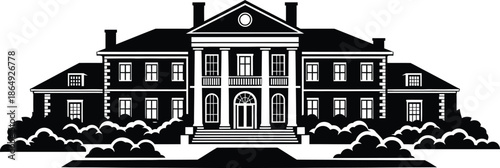 Grand neoclassical mansion silhouette with symmetrical facade and columned entrance, elegant historic luxury architecture vector illustration.