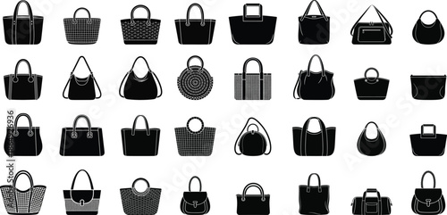 A comprehensive collection of 30 distinct handbag silhouettes showcasing diverse styles