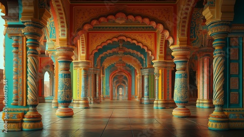 Vibrant, colorful columns and arches adorn a checkered floor in an Indian temple.