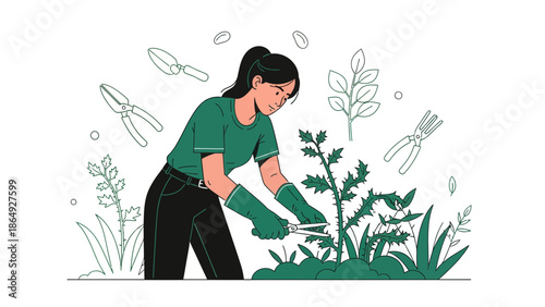 Woman Gardening Removing Weeds From Garden Using Pruning Shears Beautiful Scene