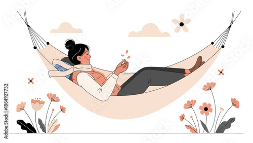 Woman Relaxing In Hammock Surrounded By Blooming Flowers On Summer Day
