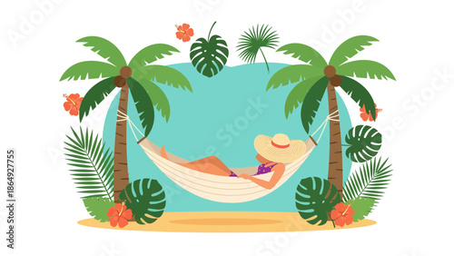 Woman Relaxing In Hammock Under Palm Trees On Tropical Beach Summer Vacation