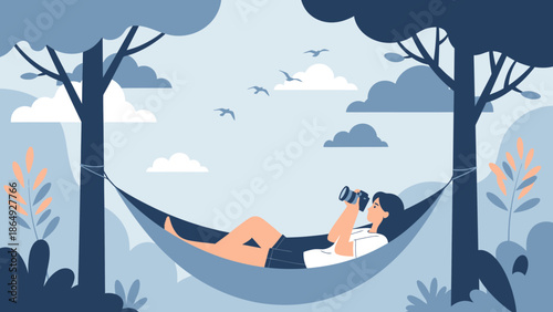 Woman Relaxing In Hammock While Using Binoculars Amidst A Nature Scene