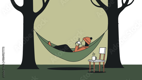 Woman Relaxing In Hammock With Beverage Between Trees During Cozy Autumn Day